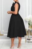 Black Elegant Solid Patchwork Fold Oblique Collar A Line Dresses