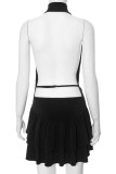 Black Sexy Solid Patchwork Backless Halter Sleeveless Dresses