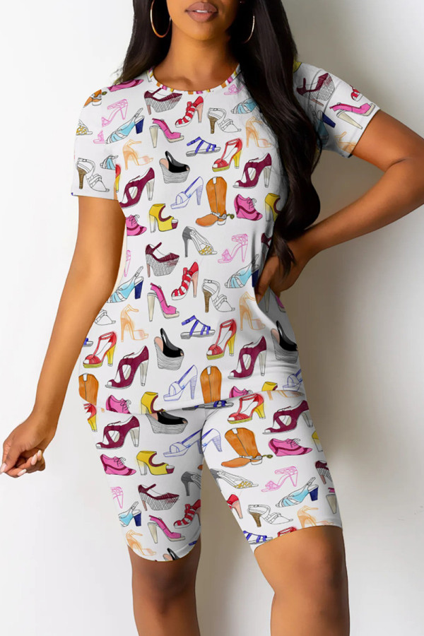White Casual Print Patchwork O Neck Short Sleeve Two Pieces