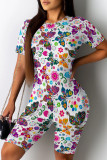 White Casual Print Patchwork O Neck Short Sleeve Two Pieces