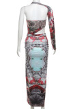 Red Elegant Print Hollowed Out Patchwork High Opening Asymmetrical Collar Long Dresses