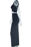 Black Casual Solid Fold Oblique Collar Sleeveless Two Pieces