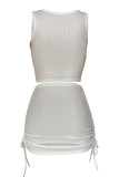 Cream White Sweet Solid Patchwork Draw String Fold Asymmetrical Collar Sleeveless Two Pieces
