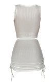 Blue Sweet Solid Patchwork Draw String Fold Asymmetrical Collar Sleeveless Two Pieces
