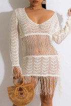 White Casual Solid Tassel See-through V Neck Dresses