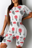 White Casual Print Patchwork O Neck Short Sleeve Two Pieces