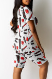 White Casual Print Patchwork O Neck Short Sleeve Two Pieces