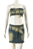 Blue Sexy Patchwork Backless Strapless Sleeveless Two Pieces