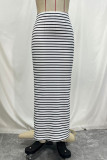 Black And White Casual Striped Patchwork Regular Mid Waist Full Print Bottoms