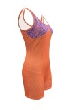 Orange Red Casual Print Patchwork U Neck Skinny Rompers