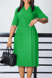 Green Elegant Solid Patchwork Slit Fold With Belt V Neck Wrapped Skirt Dresses