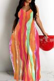 Multicolor Sexy Print Backless Spaghetti Strap Long Dresses