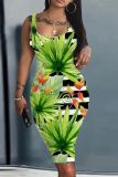 Green Casual Print Basic U Neck Vest Dresses