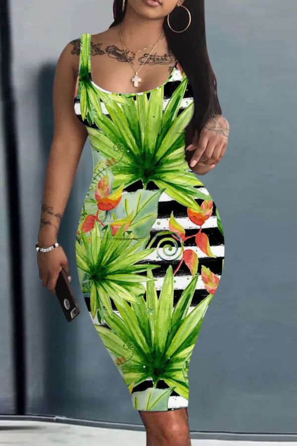 Green Casual Print Basic U Neck Vest Dresses