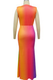 Gradient Color Sexy Print Patchwork Fold V Neck Long Dresses