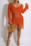 Tangerine Red Casual Solid Tassel See-through V Neck Dresses