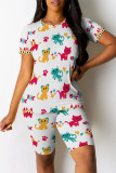 White Casual Print Patchwork O Neck Short Sleeve Two Pieces