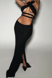 Black Street Solid Hollowed Out Patchwork Slit Halter Long Dresses
