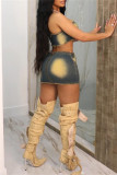Blue Sexy Patchwork Backless Strapless Sleeveless Two Pieces