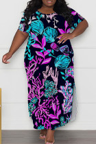 Black Purple Casual Print Slit O Neck Long Plus Size Dresses