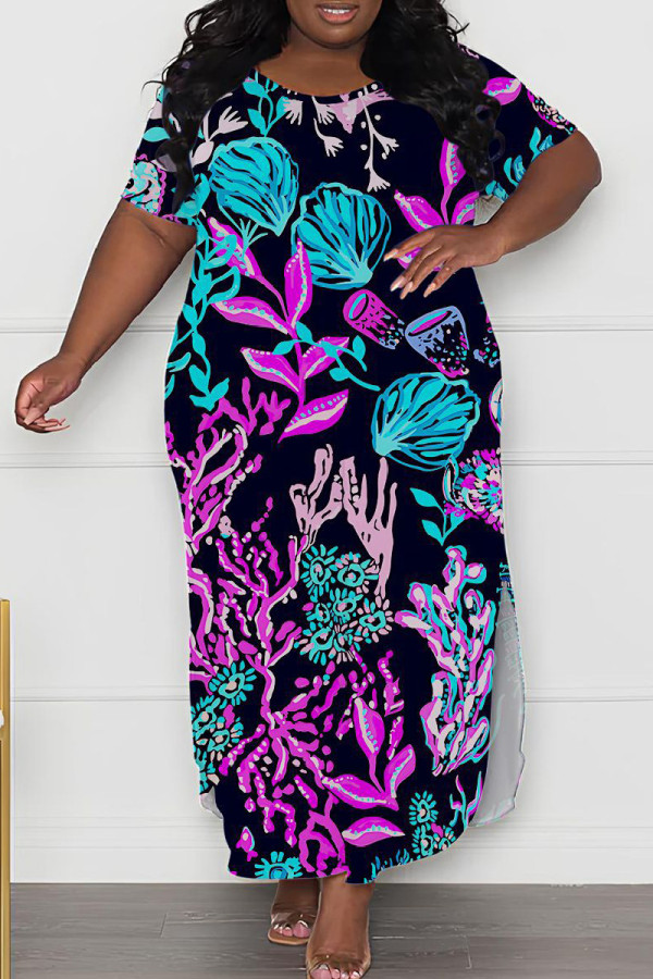 Black Purple Casual Print Slit O Neck Long Plus Size Dresses
