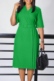 Green Elegant Solid Patchwork Slit Fold With Belt V Neck Wrapped Skirt Dresses