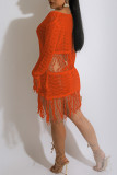 White Casual Solid Tassel See-through V Neck Dresses