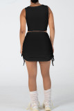 Blue Sweet Solid Patchwork Draw String Fold Asymmetrical Collar Sleeveless Two Pieces