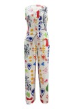 White Casual Print Buttons V Neck Sleeveless Two Pieces