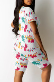 White Casual Print Patchwork O Neck Short Sleeve Two Pieces