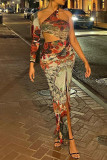 Red Elegant Print Hollowed Out Patchwork High Opening Asymmetrical Collar Long Dresses