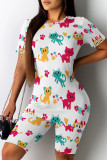 White Casual Print Patchwork O Neck Short Sleeve Two Pieces