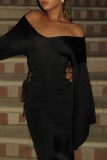 Black Casual Solid Hollowed Out Frenulum V Neck Long Dresses