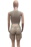 Khaki Street Solid Tassel Hollowed Out Patchwork See-through O Neck Sleeveless Two Pieces
