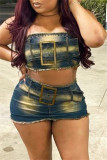 Blue Sexy Patchwork Backless Strapless Sleeveless Two Pieces