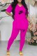 Rose Red Casual Street Print Letter V Neck Short Sleeve Two Pieces