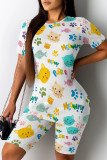 White Casual Print Patchwork O Neck Short Sleeve Two Pieces