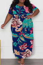 Dark Blue Casual Print Slit O Neck Long Plus Size Dresses