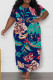 Dark Blue Casual Print Slit O Neck Long Plus Size Dresses