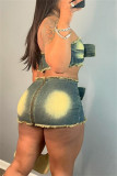 Blue Sexy Patchwork Backless Strapless Sleeveless Two Pieces