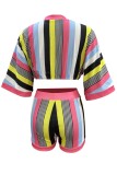 Red Casual Striped Print Patchwork V Neck Half Sleeve Two Pieces