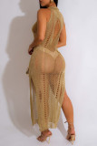 Tangerine Red Sexy Solid Hollowed Out See-through Slit O Neck Beach Dresses