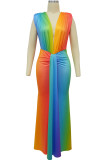 Gradient Color Sexy Print Patchwork Fold V Neck Long Dresses