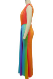 Gradient Color Sexy Print Patchwork Fold V Neck Long Dresses