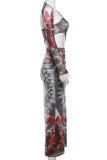 Red Elegant Print Hollowed Out Patchwork High Opening Asymmetrical Collar Long Dresses