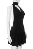 Black Sexy Solid Patchwork Backless Halter Sleeveless Dresses