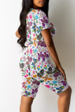 White Casual Print Patchwork O Neck Short Sleeve Two Pieces
