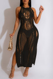 Gold Sexy Solid Hollowed Out See-through Slit O Neck Beach Dresses