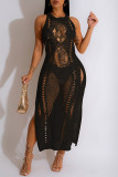 Black Sexy Solid Hollowed Out See-through Slit O Neck Beach Dresses