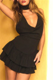 Black Sexy Solid Patchwork Backless Halter Sleeveless Dresses
